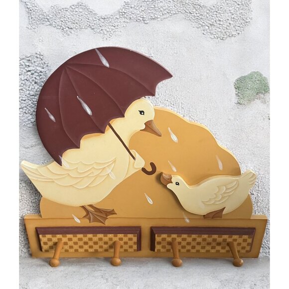 Decorative Wooden Duck Wall Hook Rack With Four Pegs & Umbrella Design - Picture 3 of 11